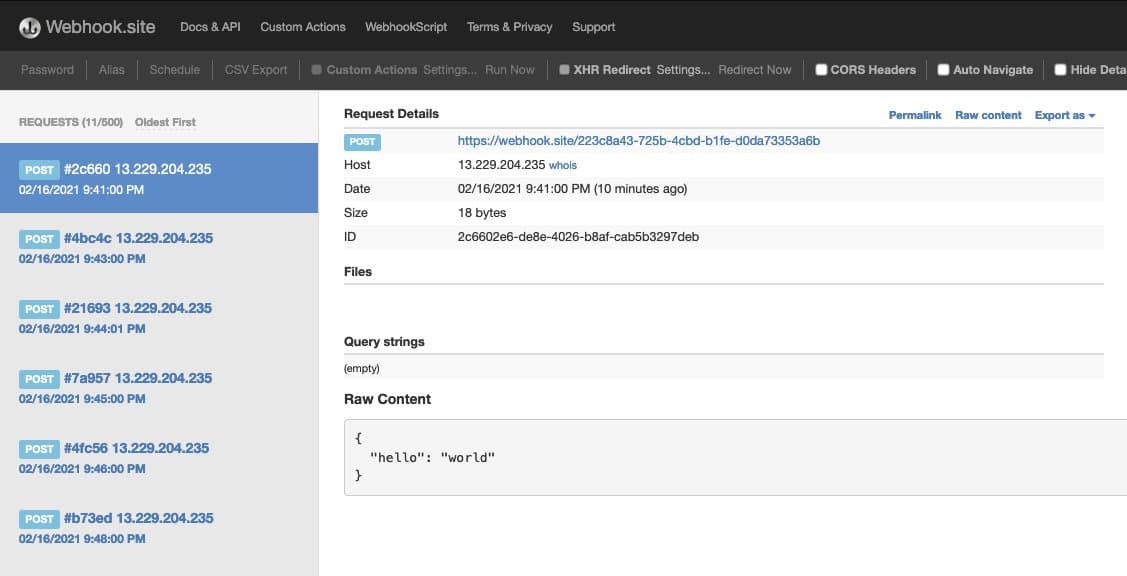 This image shows the website that receives our webhook every minute.